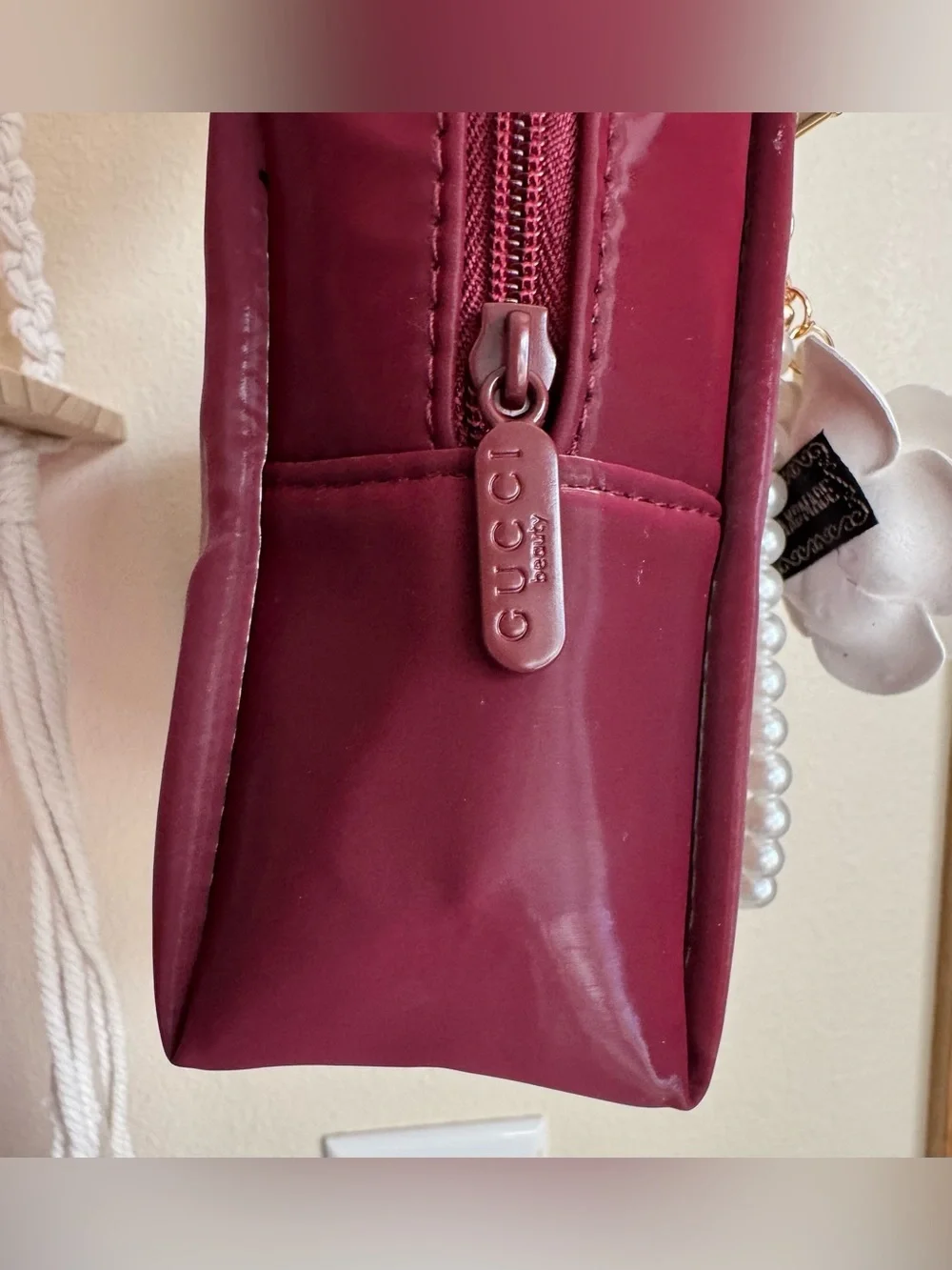 Gucci Burgundy Pearl-Handle Cosmetic Case with Bee Accent